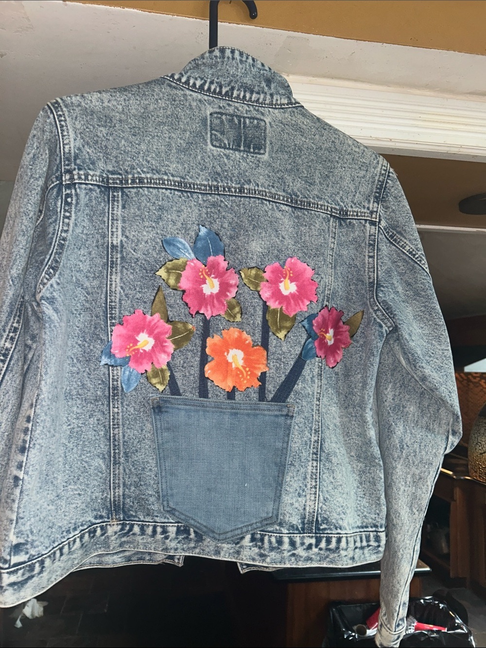 Acid-Wash Denim Jacket with Bright Floral Appliqué